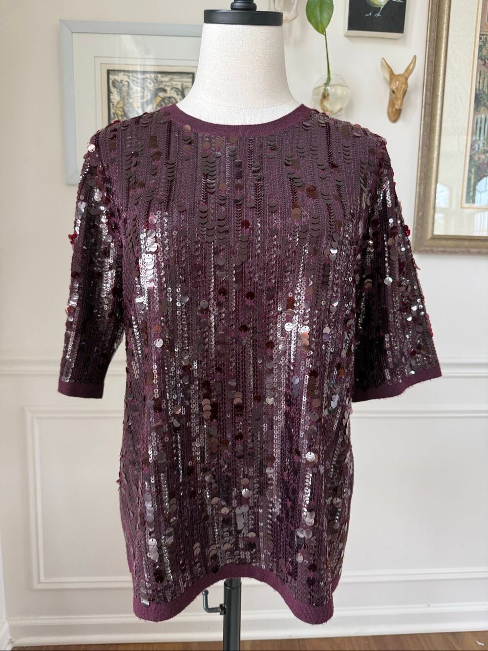 Chico’s Sequin Pullover Julie Sweater Dark Plum Purple 1 M